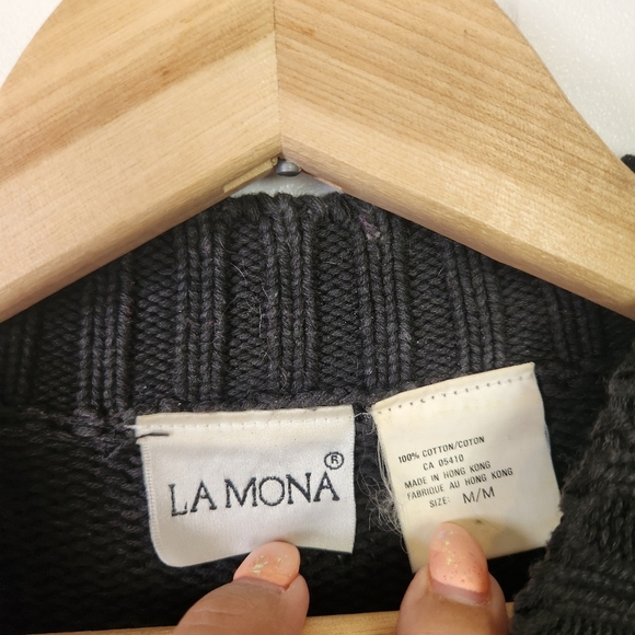 Vintage Oversized Pink Black Floral Knit Sweater High Neck Gold Beaded Size Med - Picture 8 of 10